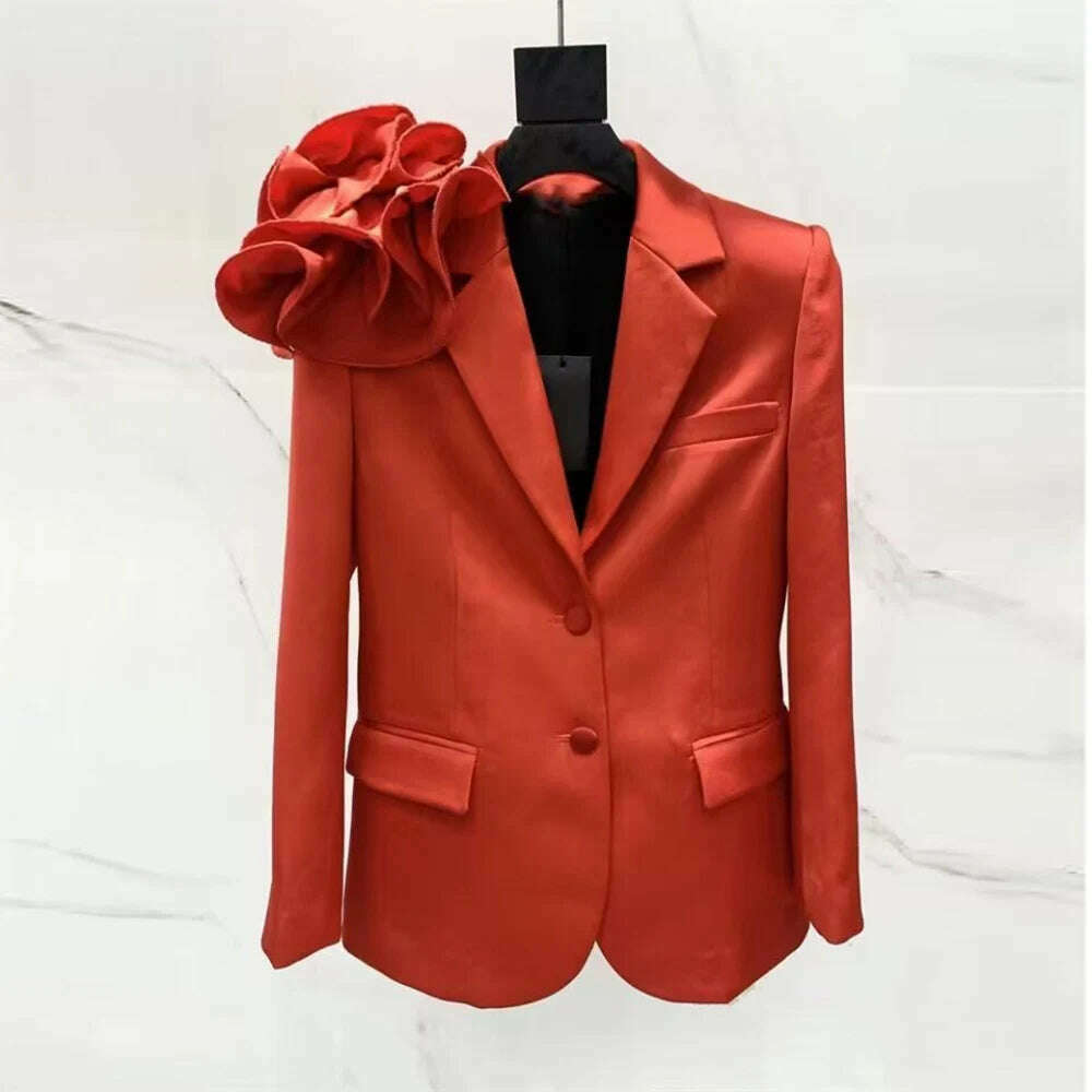KIMLUD, Kritt 2023 New Women's Fashion 3D Flower Decoration Single Breast High Street Fashion Red Black Suit Sexy Blazer, Burgundy / S, KIMLUD APPAREL - Womens Clothes