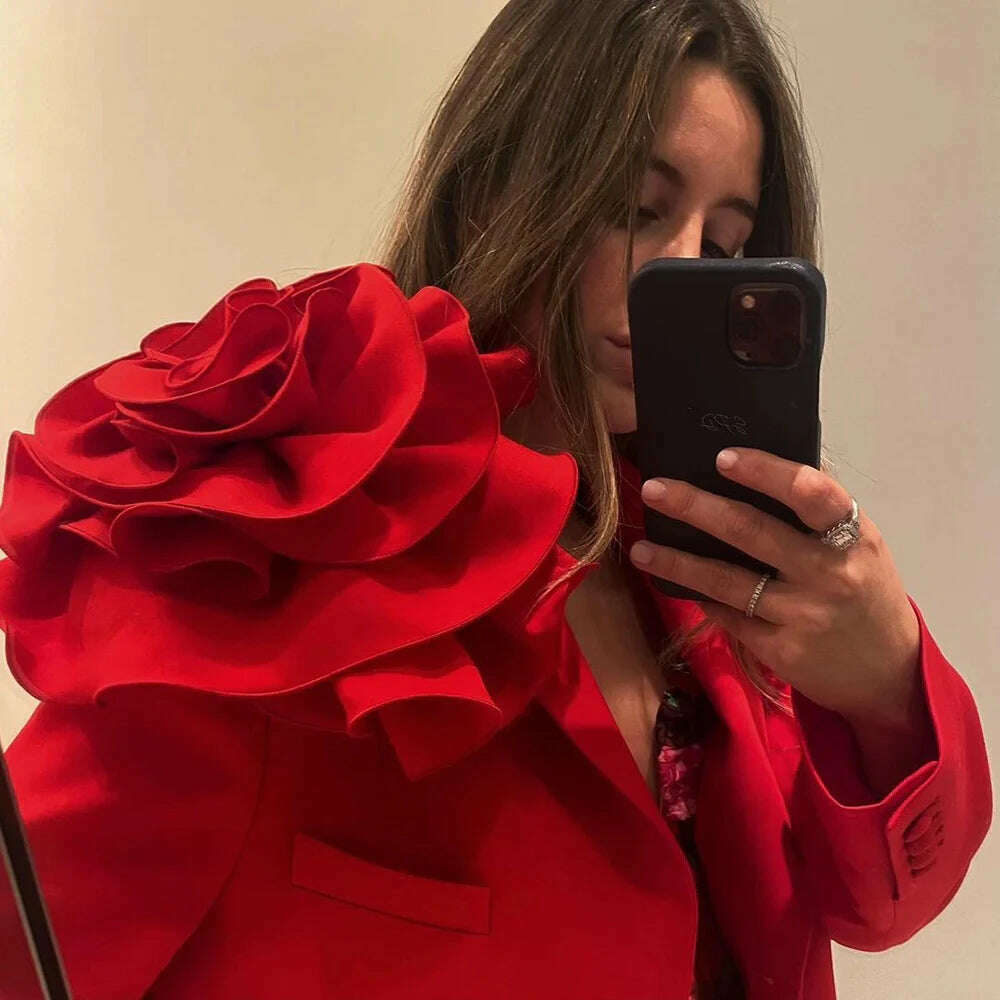 KIMLUD, Kritt 2023 New Women's Fashion 3D Flower Decoration Single Breast High Street Fashion Red Black Suit Sexy Blazer, KIMLUD Womens Clothes