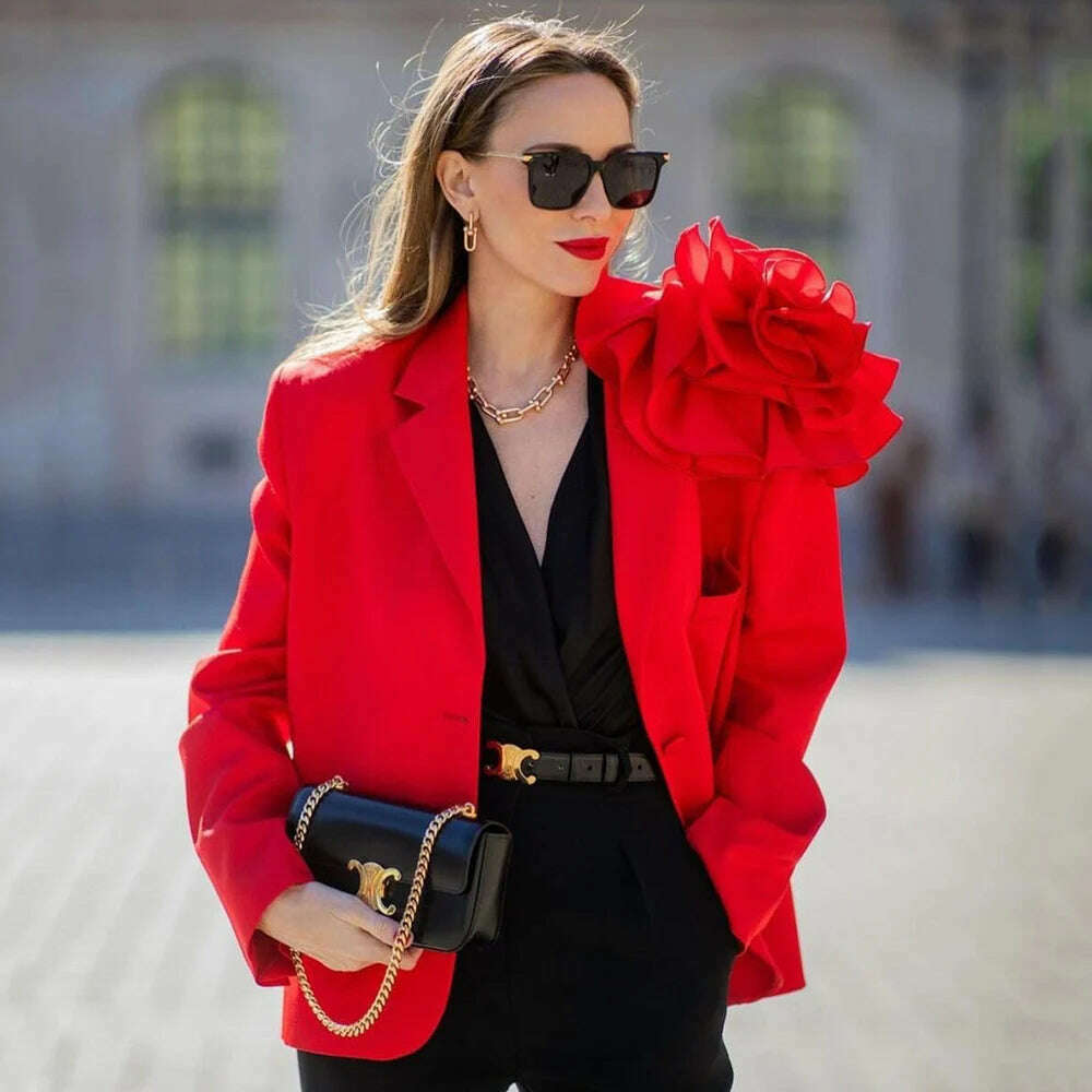 KIMLUD, Kritt 2023 New Women's Fashion 3D Flower Decoration Single Breast High Street Fashion Red Black Suit Sexy Blazer, KIMLUD Womens Clothes