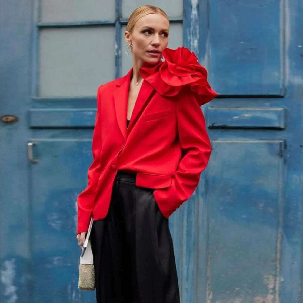 KIMLUD, Kritt 2023 New Women's Fashion 3D Flower Decoration Single Breast High Street Fashion Red Black Suit Sexy Blazer, KIMLUD Womens Clothes