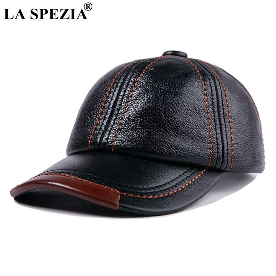 KIMLUD, LA SPEZIA Genuine Leather Baseball Cap Men Black Cowhide Hat Snapback Male Adjustable Autumn Winter Real Leather Peaked Hats, KIMLUD Womens Clothes