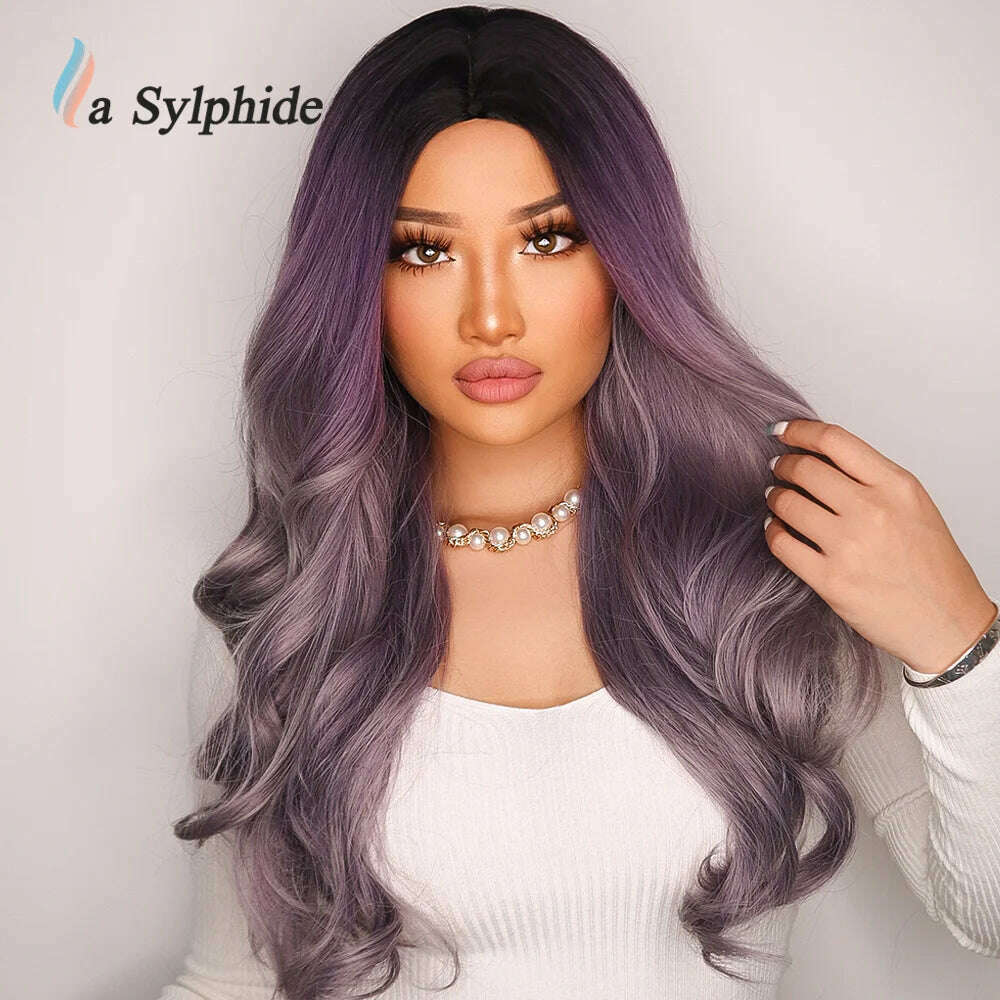 La Sylphide Long Wavy Ombre Purple Synthetic Wigs for Women Heat Resistant Natural Middle Part Cosplay Party Lolita Hair Wigs - KIMLUD