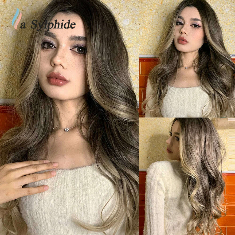 La Sylphide Long Wavy Ombre Purple Synthetic Wigs for Women Heat Resistant Natural Middle Part Cosplay Party Lolita Hair Wigs - KIMLUD