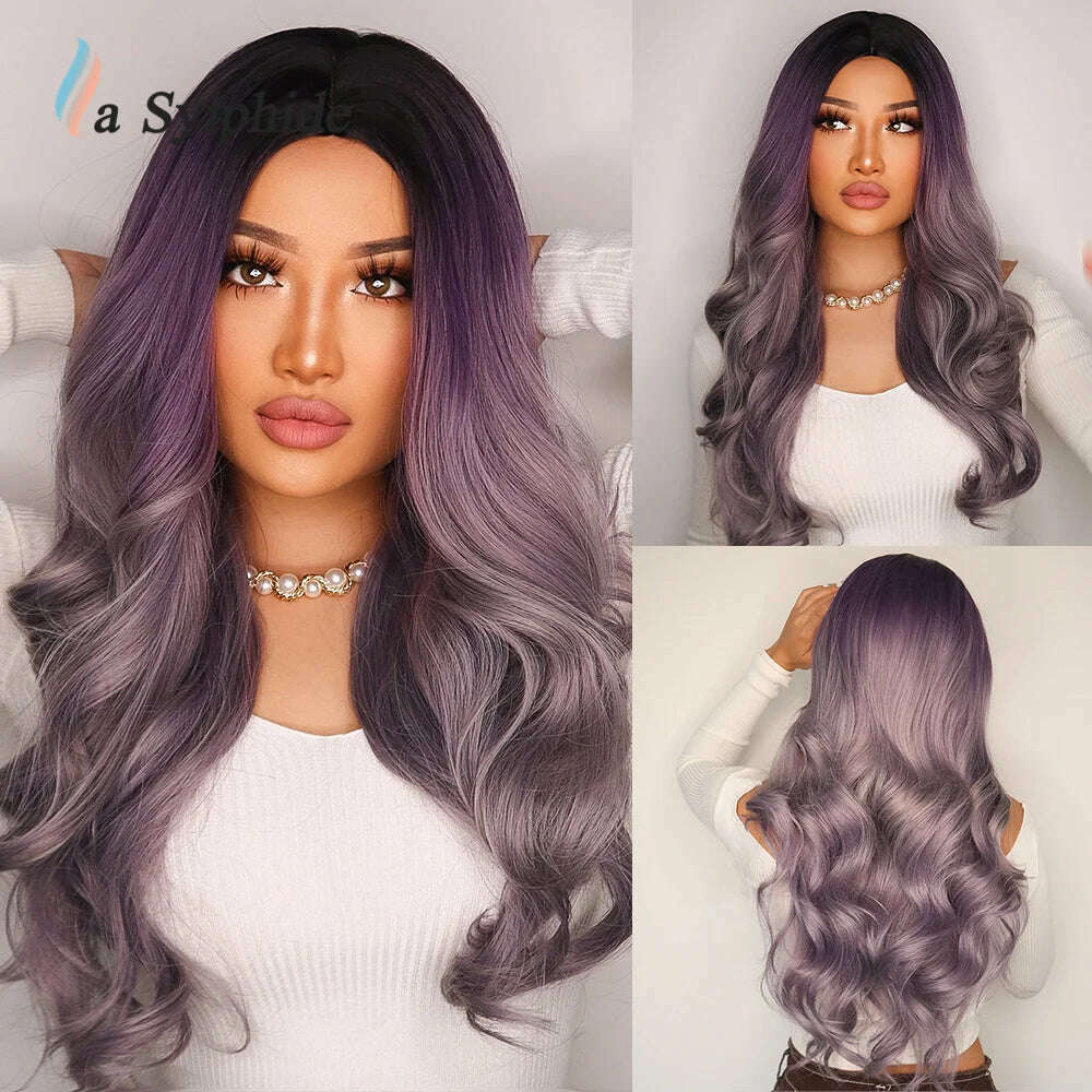 La Sylphide Long Wavy Ombre Purple Synthetic Wigs for Women Heat Resistant Natural Middle Part Cosplay Party Lolita Hair Wigs - KIMLUD