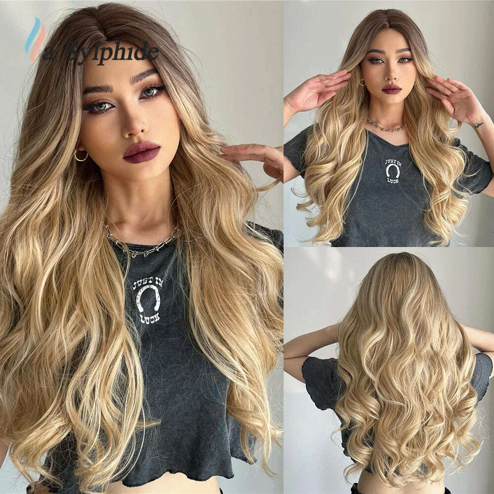 La Sylphide Long Wavy Ombre Purple Synthetic Wigs for Women Heat Resistant Natural Middle Part Cosplay Party Lolita Hair Wigs - KIMLUD