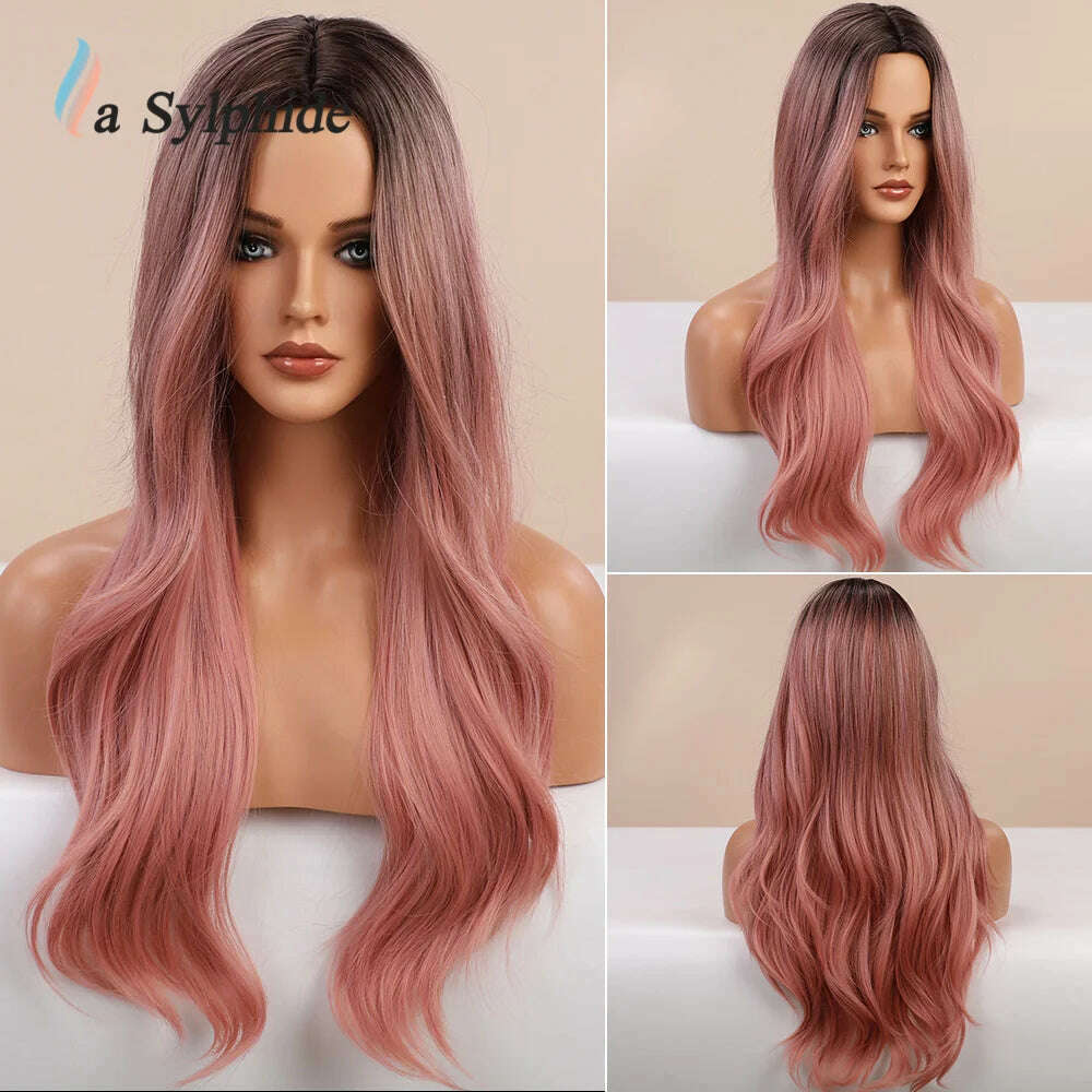La Sylphide Long Wavy Ombre Purple Synthetic Wigs for Women Heat Resistant Natural Middle Part Cosplay Party Lolita Hair Wigs - KIMLUD