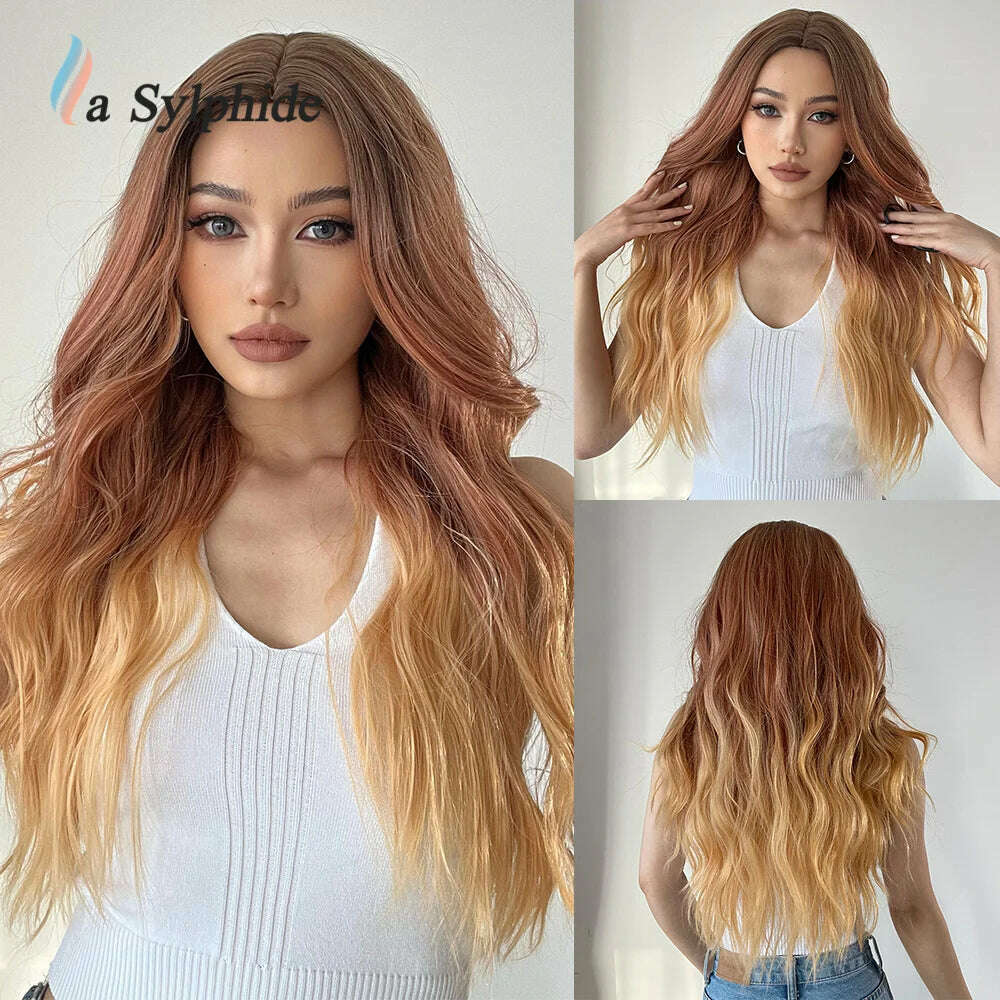 La Sylphide Long Wavy Ombre Purple Synthetic Wigs for Women Heat Resistant Natural Middle Part Cosplay Party Lolita Hair Wigs - KIMLUD