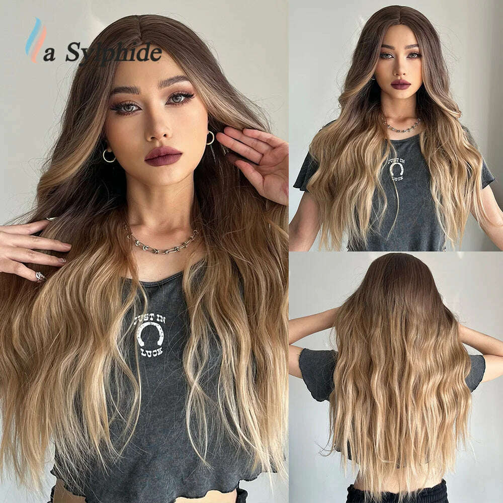 La Sylphide Long Wavy Ombre Purple Synthetic Wigs for Women Heat Resistant Natural Middle Part Cosplay Party Lolita Hair Wigs - KIMLUD