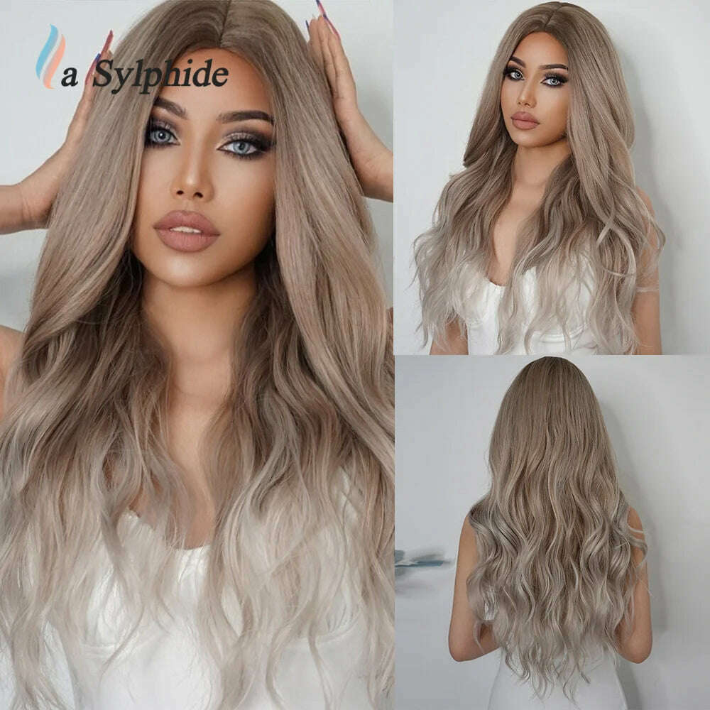 La Sylphide Long Wavy Ombre Purple Synthetic Wigs for Women Heat Resistant Natural Middle Part Cosplay Party Lolita Hair Wigs - KIMLUD