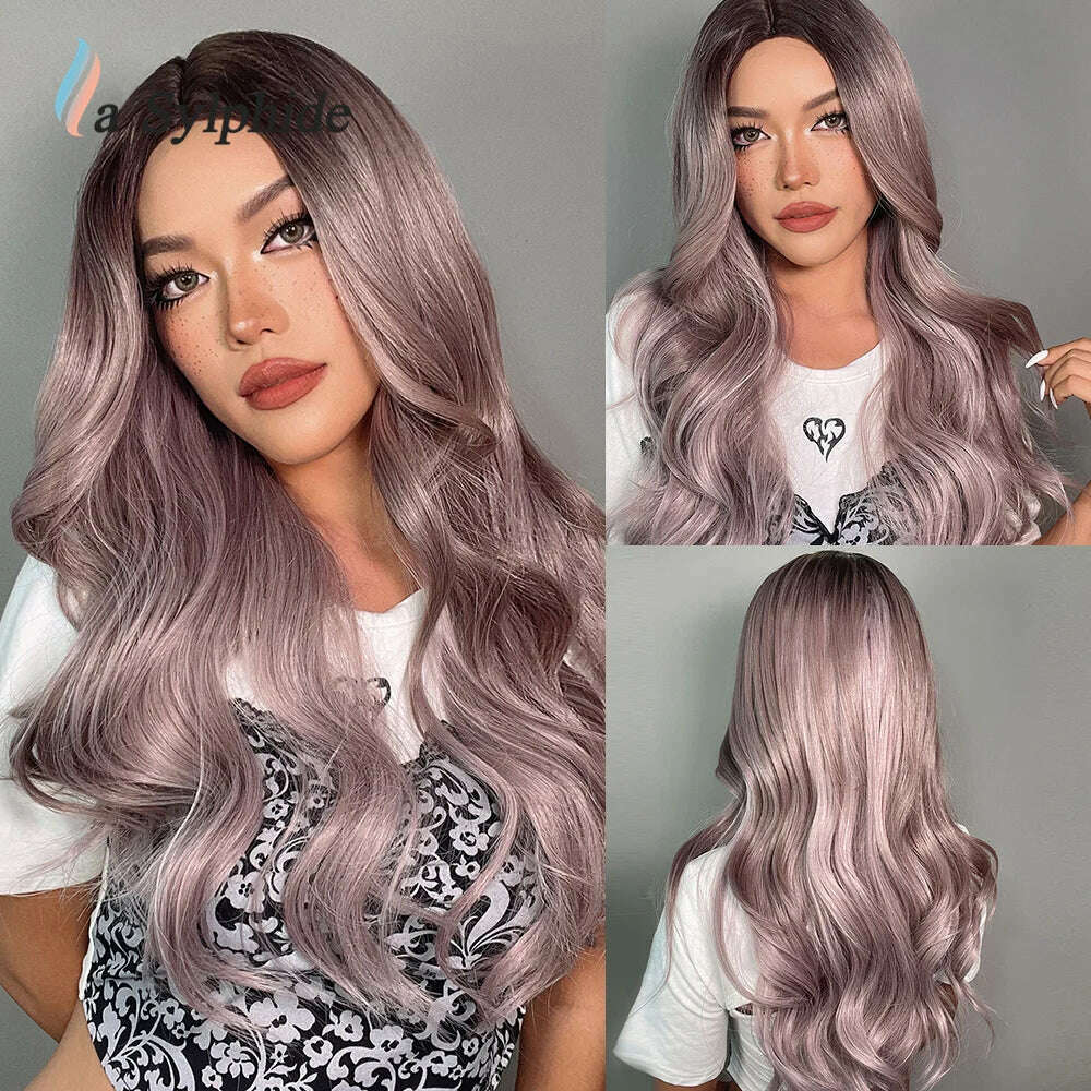 La Sylphide Long Wavy Ombre Purple Synthetic Wigs for Women Heat Resistant Natural Middle Part Cosplay Party Lolita Hair Wigs - KIMLUD