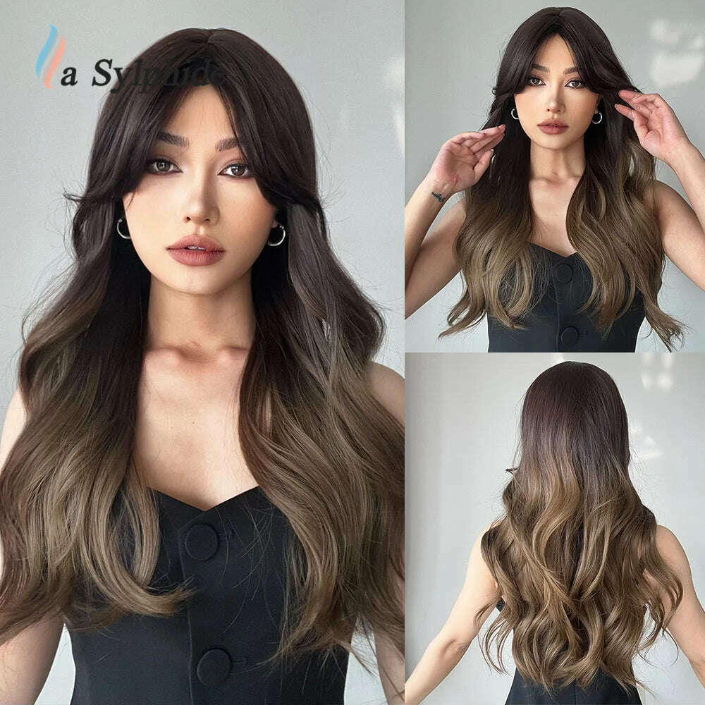 La Sylphide Long Wavy Ombre Purple Synthetic Wigs for Women Heat Resistant Natural Middle Part Cosplay Party Lolita Hair Wigs - KIMLUD