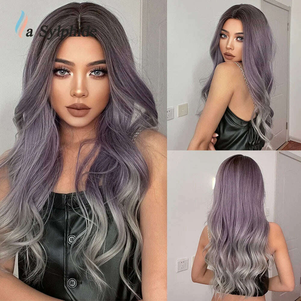 La Sylphide Long Wavy Ombre Purple Synthetic Wigs for Women Heat Resistant Natural Middle Part Cosplay Party Lolita Hair Wigs - KIMLUD