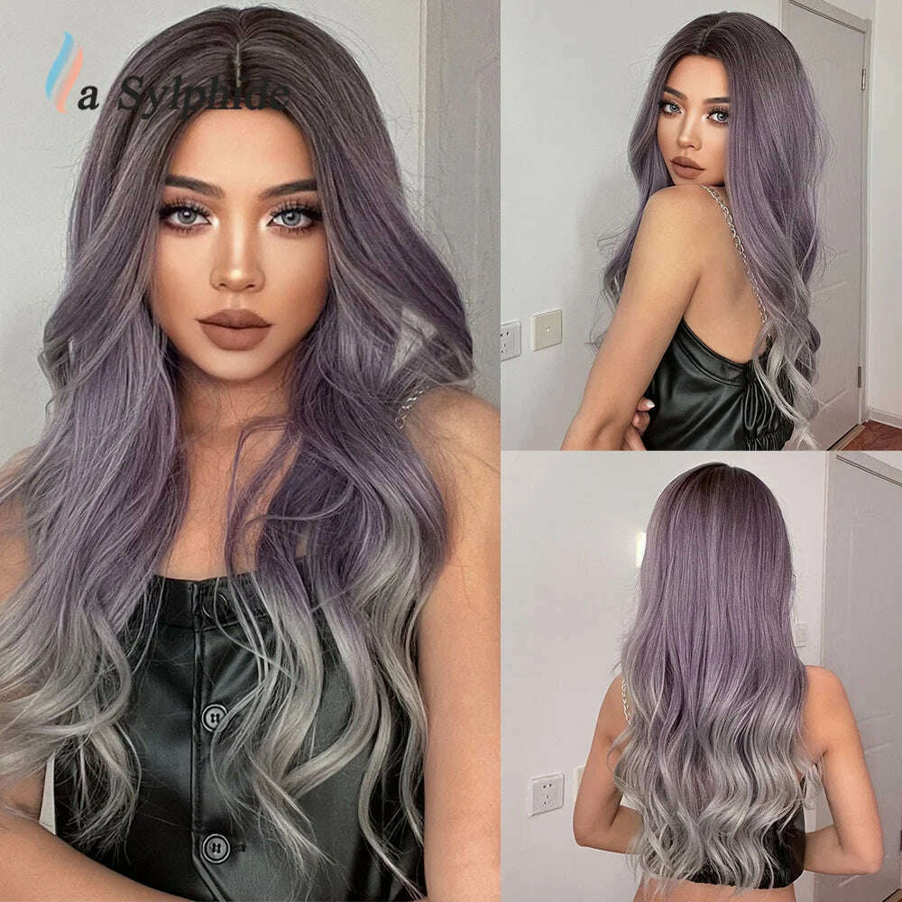 KIMLUD, La Sylphide Long Wavy Ombre Purple Synthetic Wigs for Women Heat Resistant Natural Middle Part Cosplay Party Lolita Hair Wigs, 5116, KIMLUD Womens Clothes