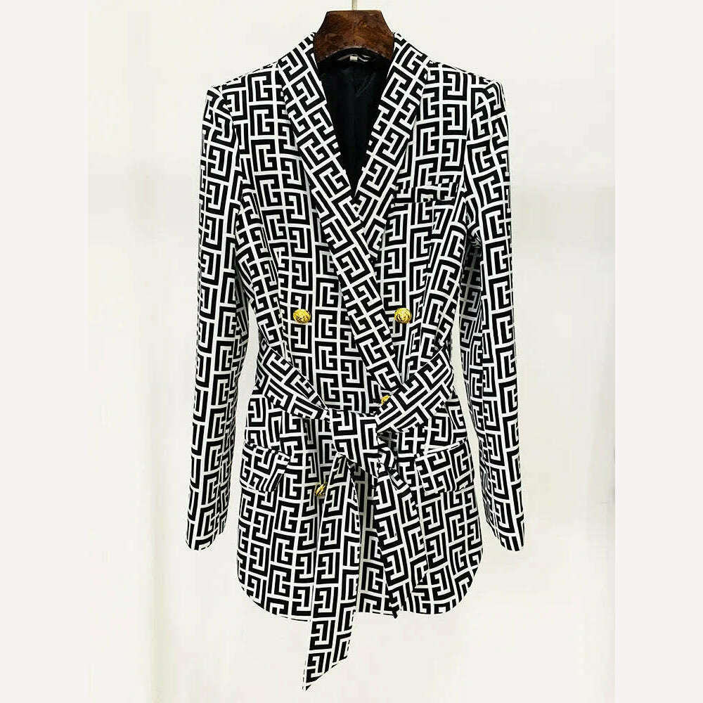 KIMLUD, Labyrinth Print Pant Suits Women New Double Breasted Mid Length Business Wear Suit Coat Jacket Straight Leg Pants Outfits, only jacket / S, KIMLUD APPAREL - Womens Clothes