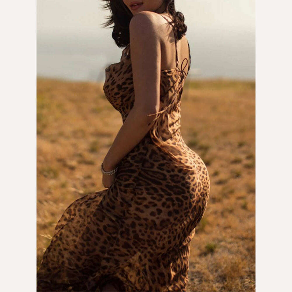 KIMLUD, Lace-up Leopard Print Bodycon Long Dress Summer Sexy Women's Backless Maxi Dresses Celebrity Evening Party Beach Slim Fit Dress, KIMLUD Womens Clothes