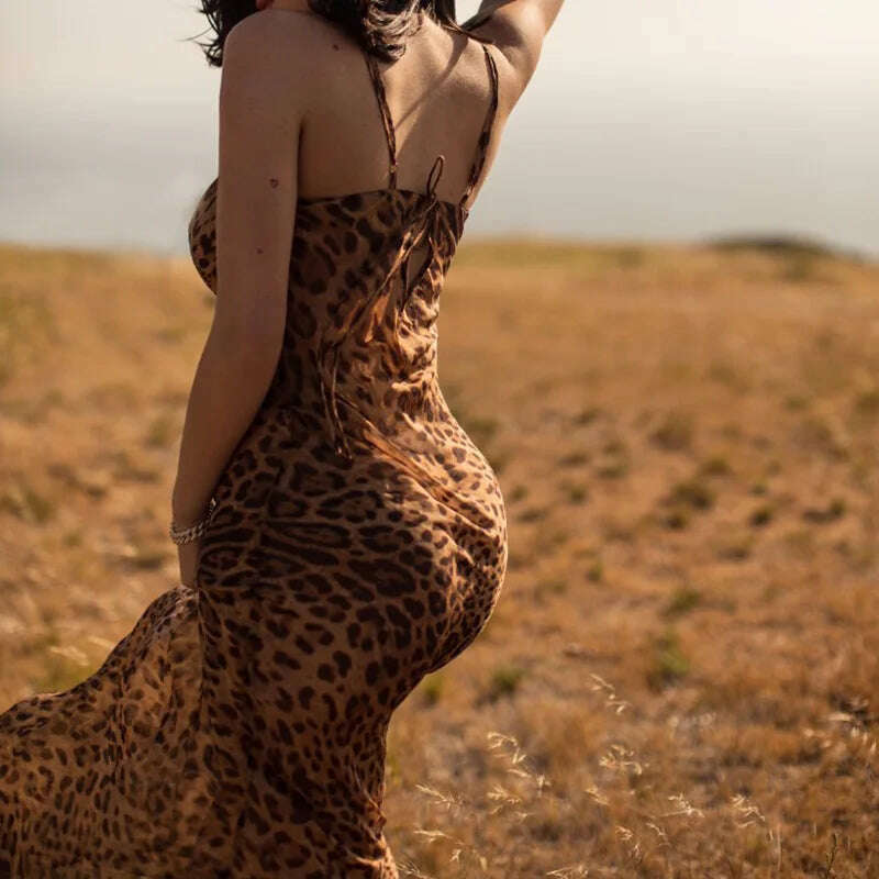 KIMLUD, Lace-up Leopard Print Bodycon Long Dress Summer Sexy Women's Backless Maxi Dresses Celebrity Evening Party Beach Slim Fit Dress, KIMLUD Womens Clothes