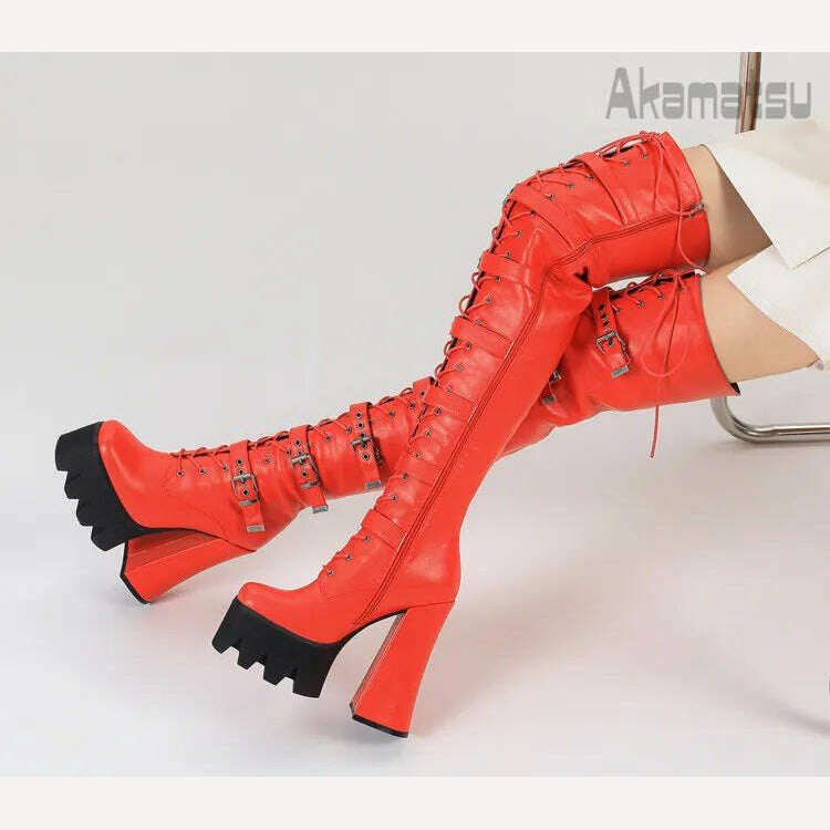 Lace-Up Metal Buckle Decoration Over-Knee Boots Leather Thick High-Heeled Platform Side Zipper Women's Shoes Large Size 40-43 - KIMLUD