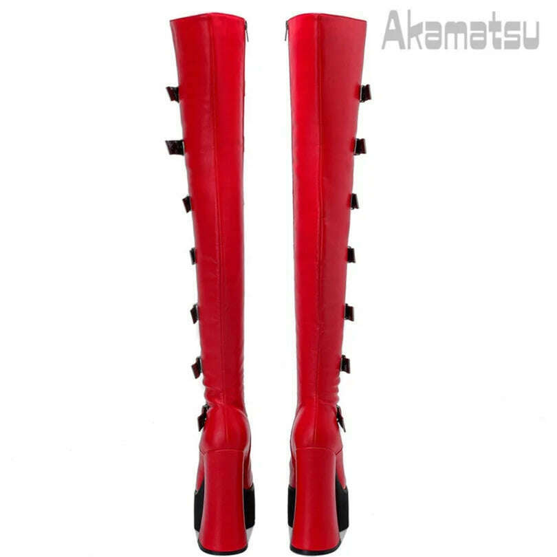 Lace-Up Metal Buckle Decoration Over-Knee Boots Leather Thick High-Heeled Platform Side Zipper Women's Shoes Large Size 40-43 - KIMLUD