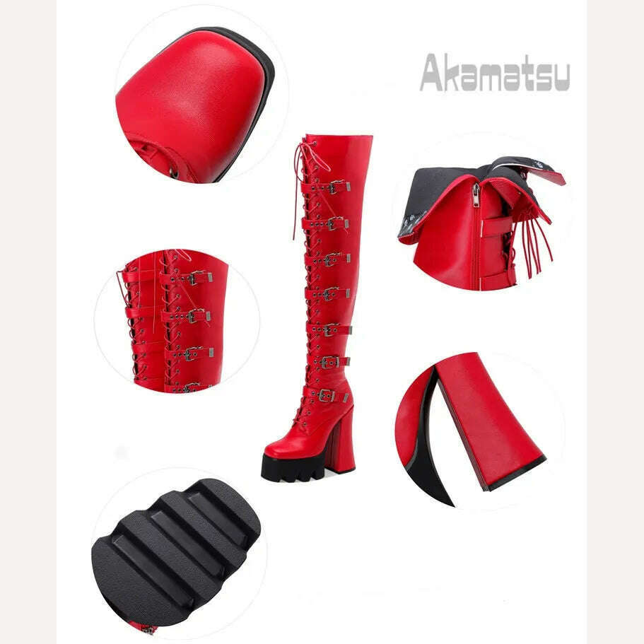 Lace-Up Metal Buckle Decoration Over-Knee Boots Leather Thick High-Heeled Platform Side Zipper Women's Shoes Large Size 40-43 - KIMLUD