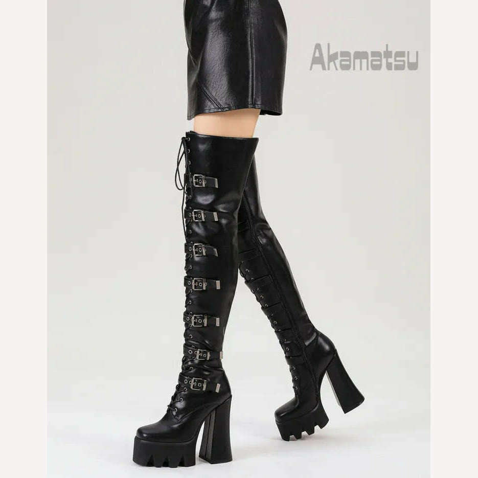 Lace-Up Metal Buckle Decoration Over-Knee Boots Leather Thick High-Heeled Platform Side Zipper Women's Shoes Large Size 40-43 - KIMLUD