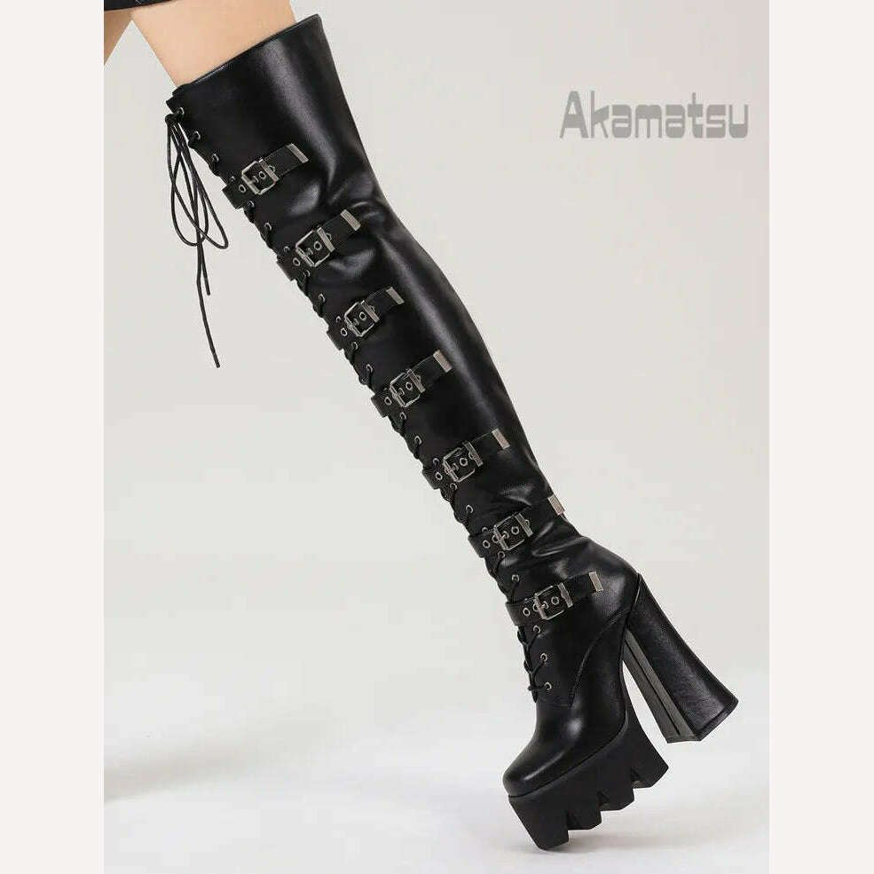 Lace-Up Metal Buckle Decoration Over-Knee Boots Leather Thick High-Heeled Platform Side Zipper Women's Shoes Large Size 40-43 - KIMLUD
