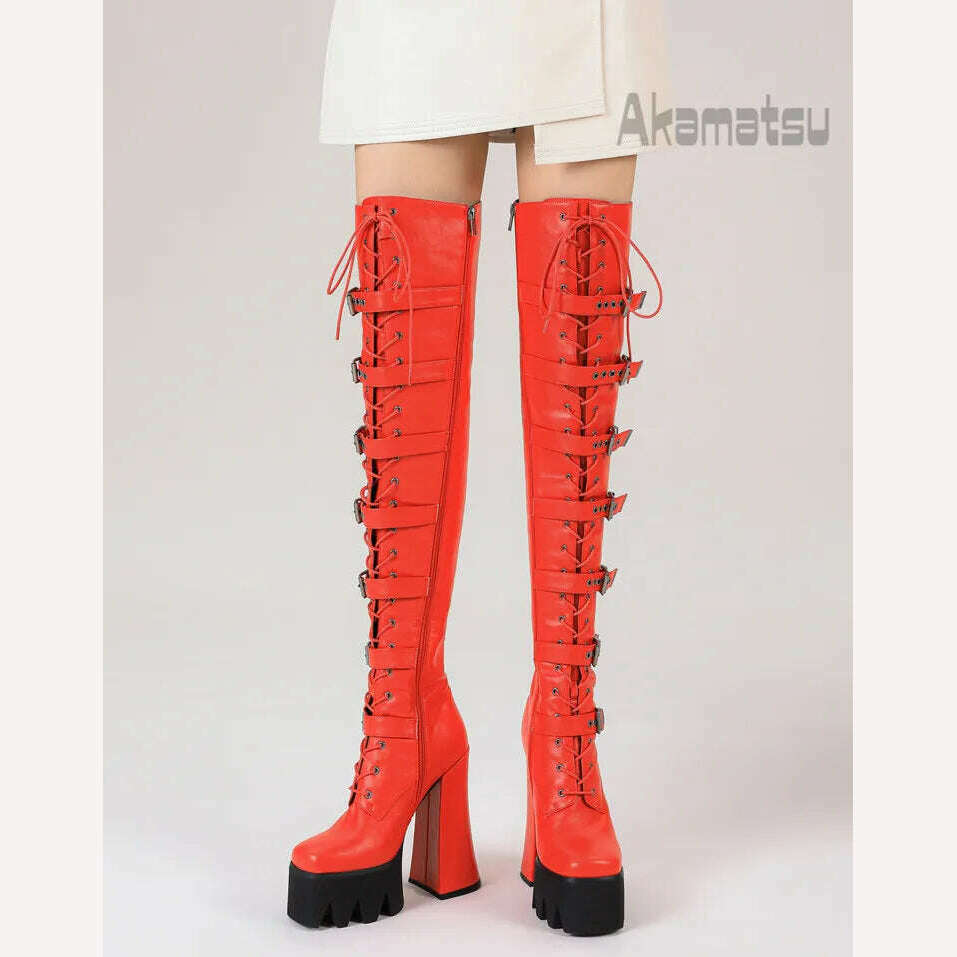 Lace-Up Metal Buckle Decoration Over-Knee Boots Leather Thick High-Heeled Platform Side Zipper Women's Shoes Large Size 40-43 - KIMLUD