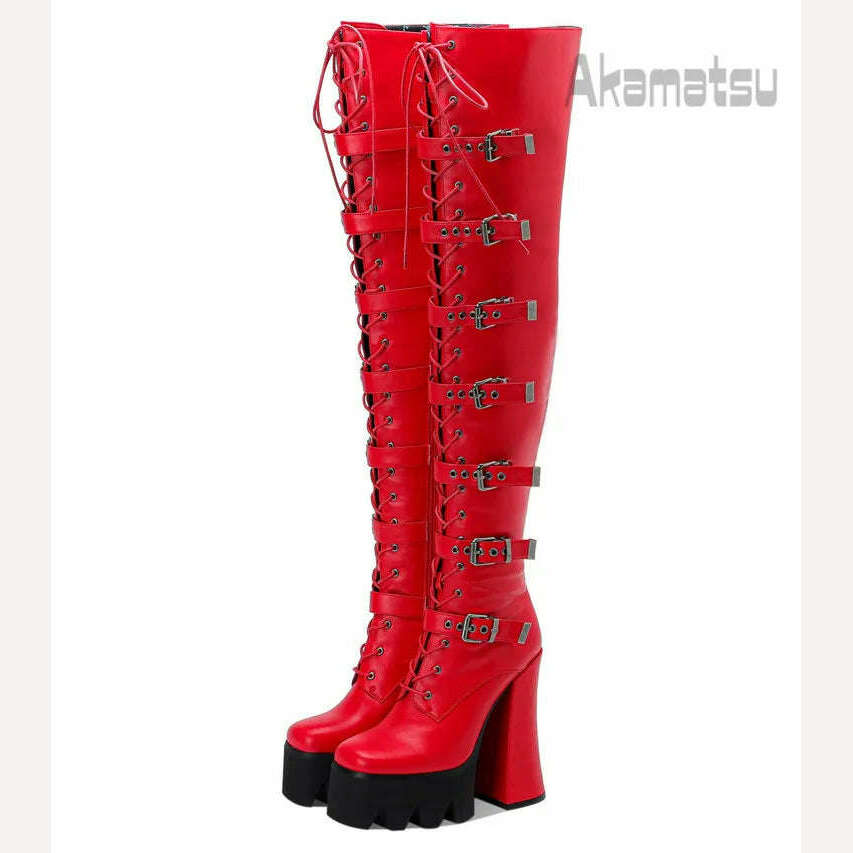 Lace-Up Metal Buckle Decoration Over-Knee Boots Leather Thick High-Heeled Platform Side Zipper Women's Shoes Large Size 40-43 - KIMLUD