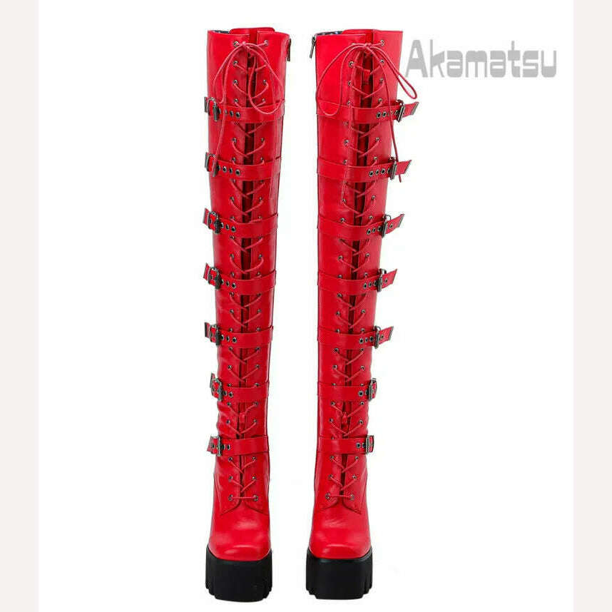 Lace-Up Metal Buckle Decoration Over-Knee Boots Leather Thick High-Heeled Platform Side Zipper Women's Shoes Large Size 40-43 - KIMLUD
