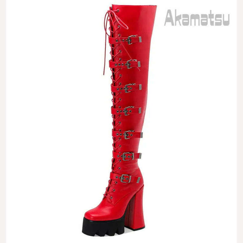 Lace-Up Metal Buckle Decoration Over-Knee Boots Leather Thick High-Heeled Platform Side Zipper Women's Shoes Large Size 40-43 - KIMLUD