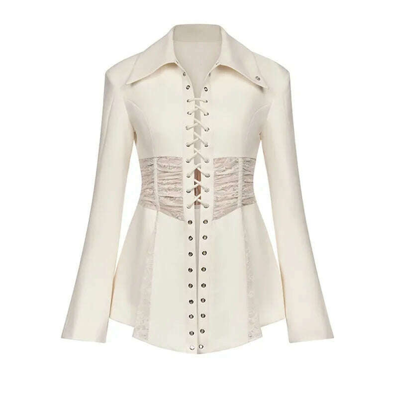 KIMLUD, Lace Up Women Suit Blazer Female Office Lady Work Wear 1 Piece Elegant Business Jacket Coat Outfit With Belt, Ivory / us size 4, KIMLUD APPAREL - Womens Clothes
