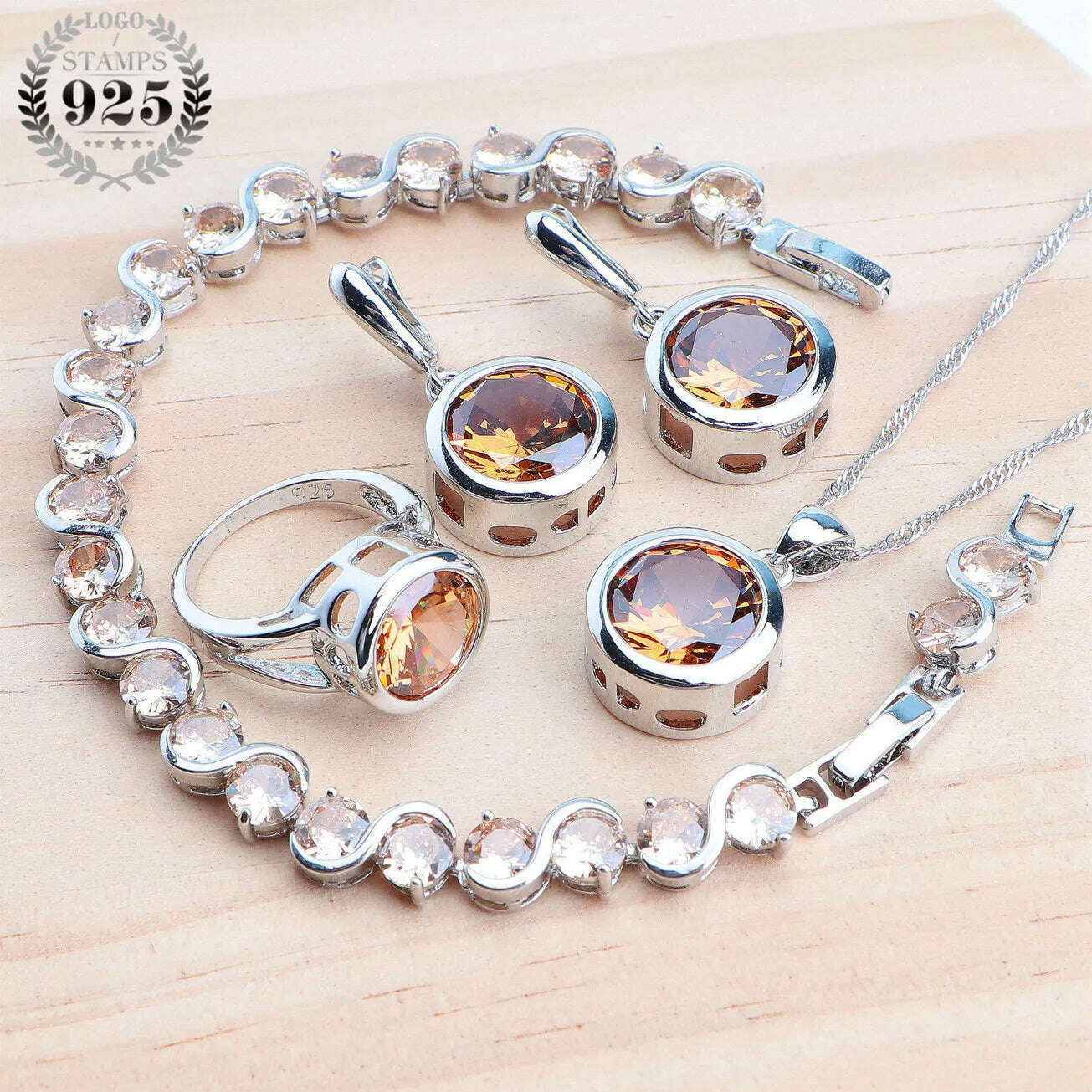 KIMLUD, Ladies 925 Silver Jewelry Sets Champagne Zircon For Women Wedding Jewelry Rings Bracelets Stones Earrings Pendant Necklace Set, KIMLUD Womens Clothes