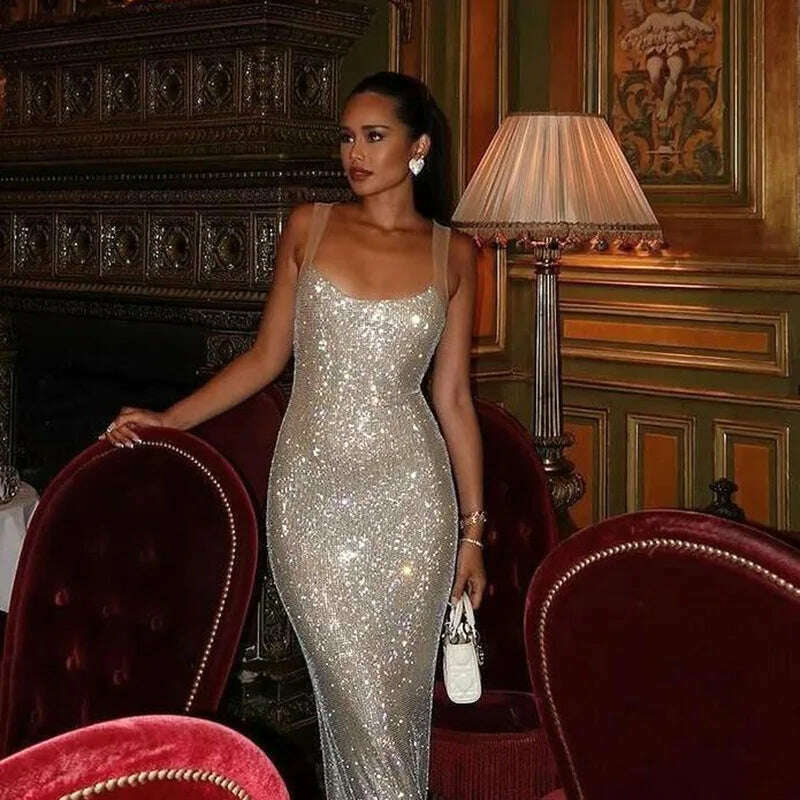 Ladies Autumn Bling Glitter Sequins New Fashion Evening Party Dress Women Sleeveless Backless Maxi Dresses Clubwear Fall Outfits - KIMLUD