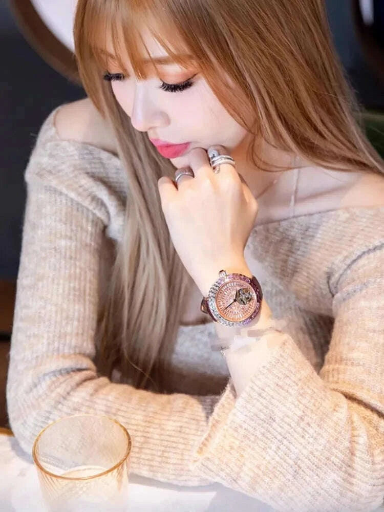 Ladies Fashion Mechanical Watch Designer New Elegant Luxury Diamonds Genuine Leather Strap Needle Buckle Women Fine Wristwatch