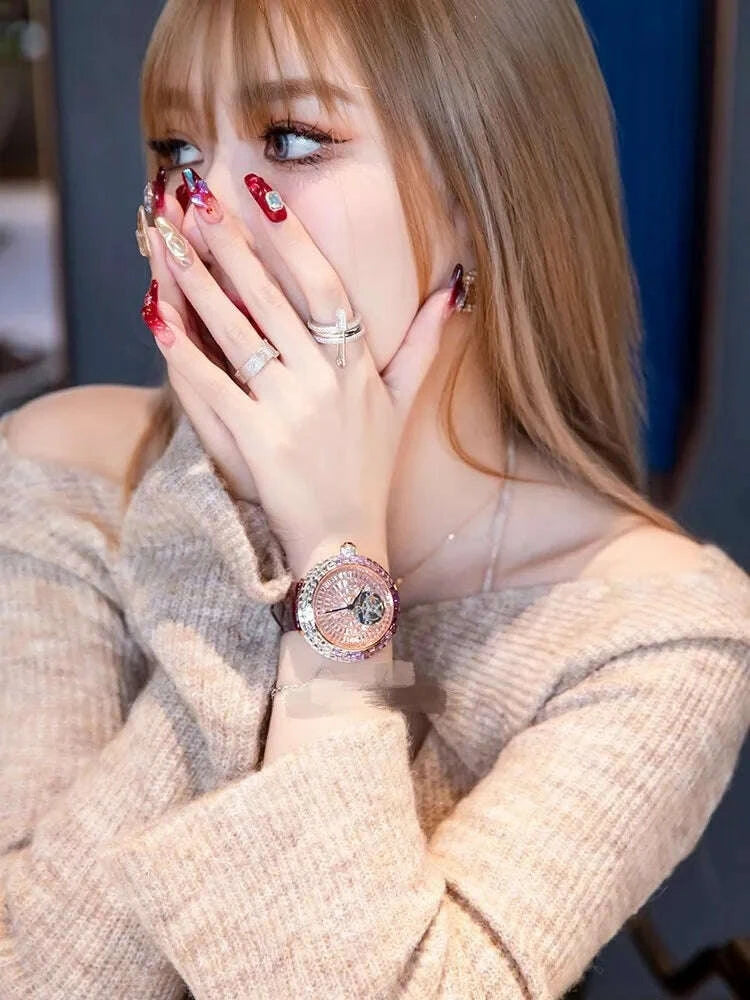 Ladies Fashion Mechanical Watch Designer New Elegant Luxury Diamonds Genuine Leather Strap Needle Buckle Women Fine Wristwatch