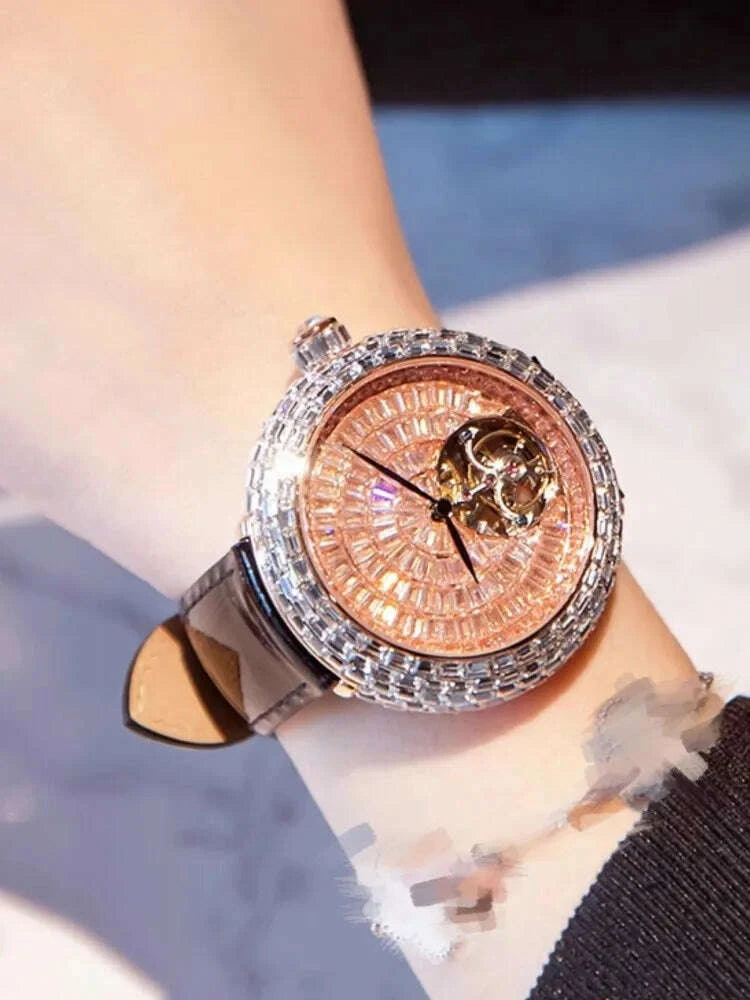 Ladies Fashion Mechanical Watch Designer New Elegant Luxury Diamonds Genuine Leather Strap Needle Buckle Women Fine Wristwatch