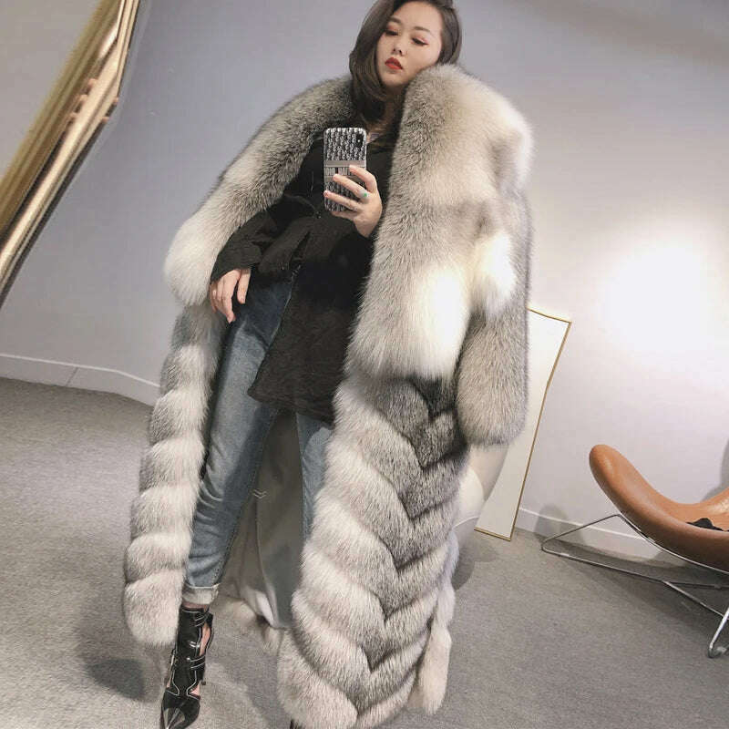 KIMLUD, Ladies Long Fur Coat Hooded Women Real Fox Fur Jacket Long New Arrival Long Fur Coat, KIMLUD Womens Clothes