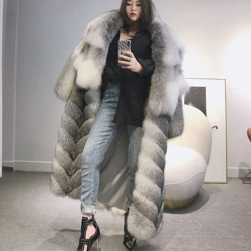 KIMLUD, Ladies Long Fur Coat Hooded Women Real Fox Fur Jacket Long New Arrival Long Fur Coat, KIMLUD Womens Clothes