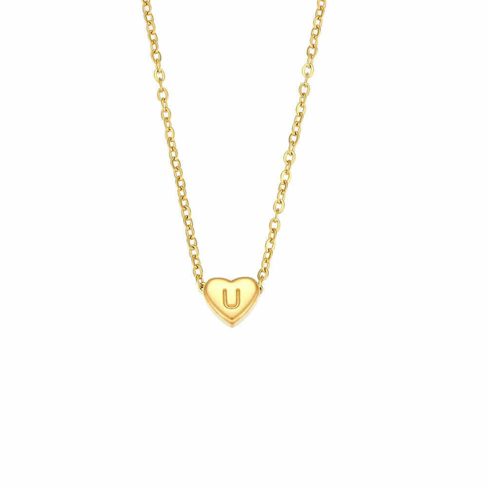 KIMLUD, Ladies Minimalist Small Love Initial Necklace Jewelry Stainless Steel 18k Gold Plated Mini Heart Shape Letter Pendant Necklace, U, KIMLUD Womens Clothes