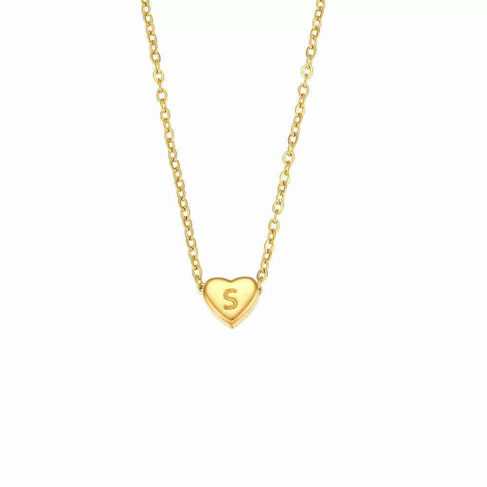 KIMLUD, Ladies Minimalist Small Love Initial Necklace Jewelry Stainless Steel 18k Gold Plated Mini Heart Shape Letter Pendant Necklace, S, KIMLUD Womens Clothes