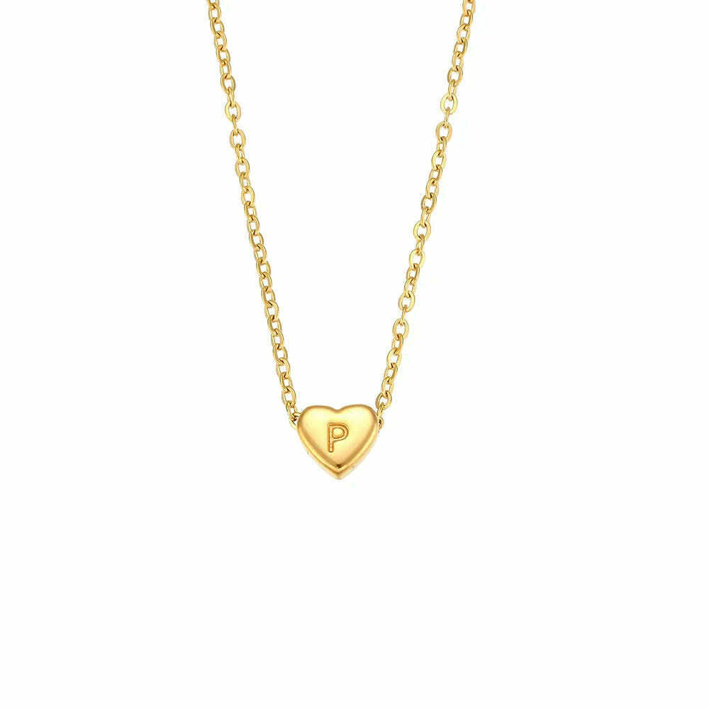 KIMLUD, Ladies Minimalist Small Love Initial Necklace Jewelry Stainless Steel 18k Gold Plated Mini Heart Shape Letter Pendant Necklace, P, KIMLUD Womens Clothes