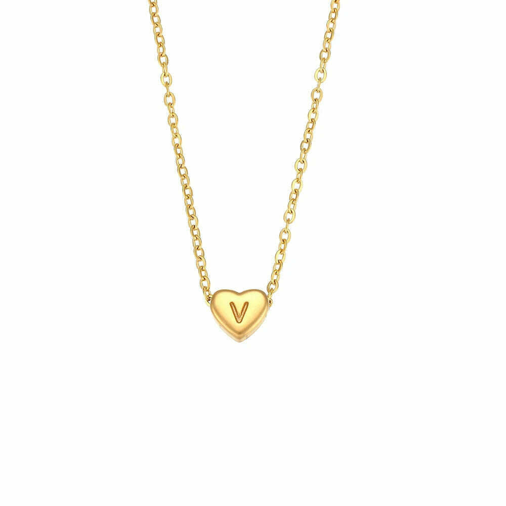 KIMLUD, Ladies Minimalist Small Love Initial Necklace Jewelry Stainless Steel 18k Gold Plated Mini Heart Shape Letter Pendant Necklace, KIMLUD Womens ClothesKIMLUD, Ladies Minimalist Small Love Initial Necklace Jewelry Stainless Steel 18k Gold Plated Mini Heart Shape Letter Pendant Necklace, V, KIMLUD APPAREL - Womens Clothes