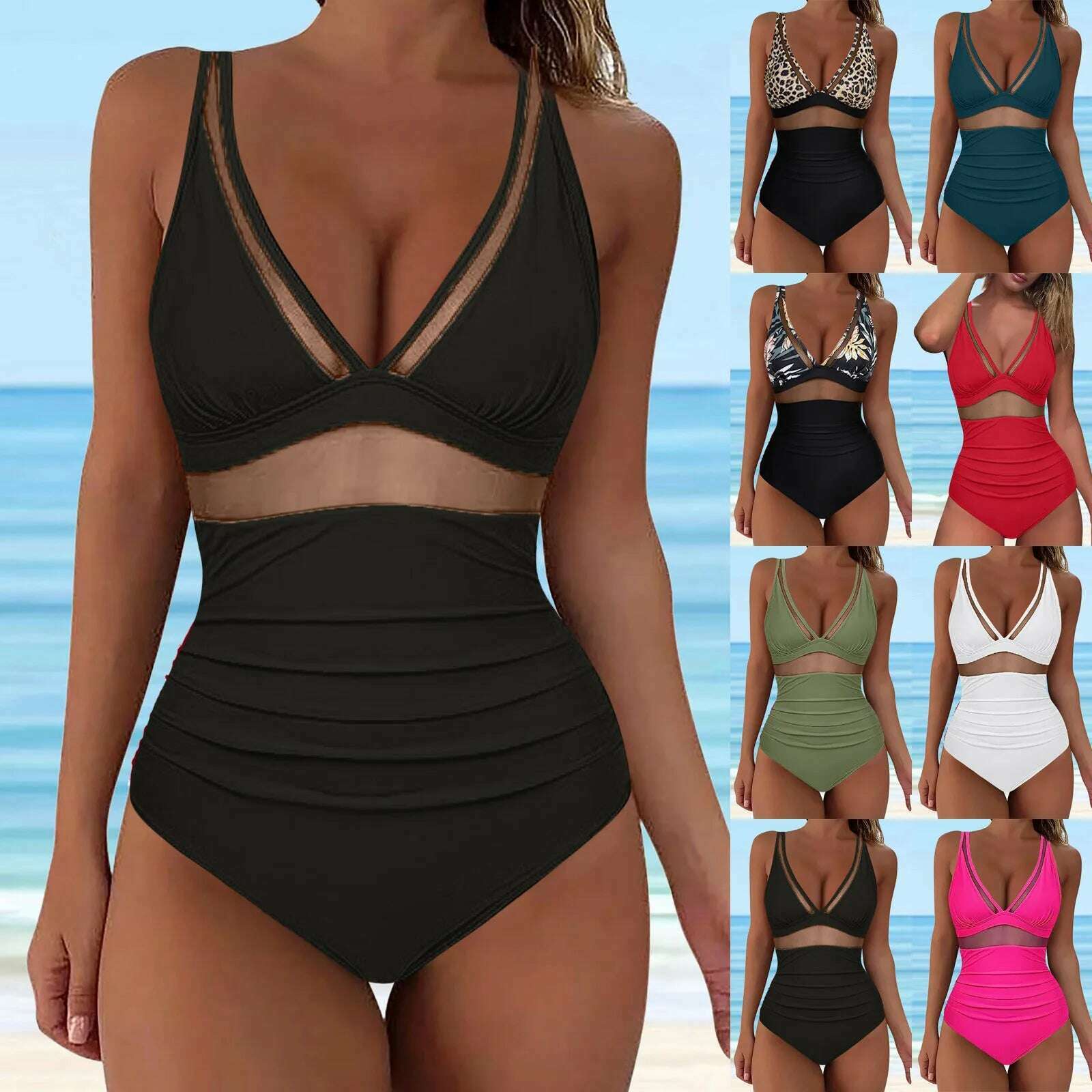 KIMLUD, Ladies Sexy Mesh Tummy Siamese Swimsuits Push Up High Waisted Slimming Fit Bathing Suits Solid Color Swimwears One Pieces, KIMLUD Womens Clothes