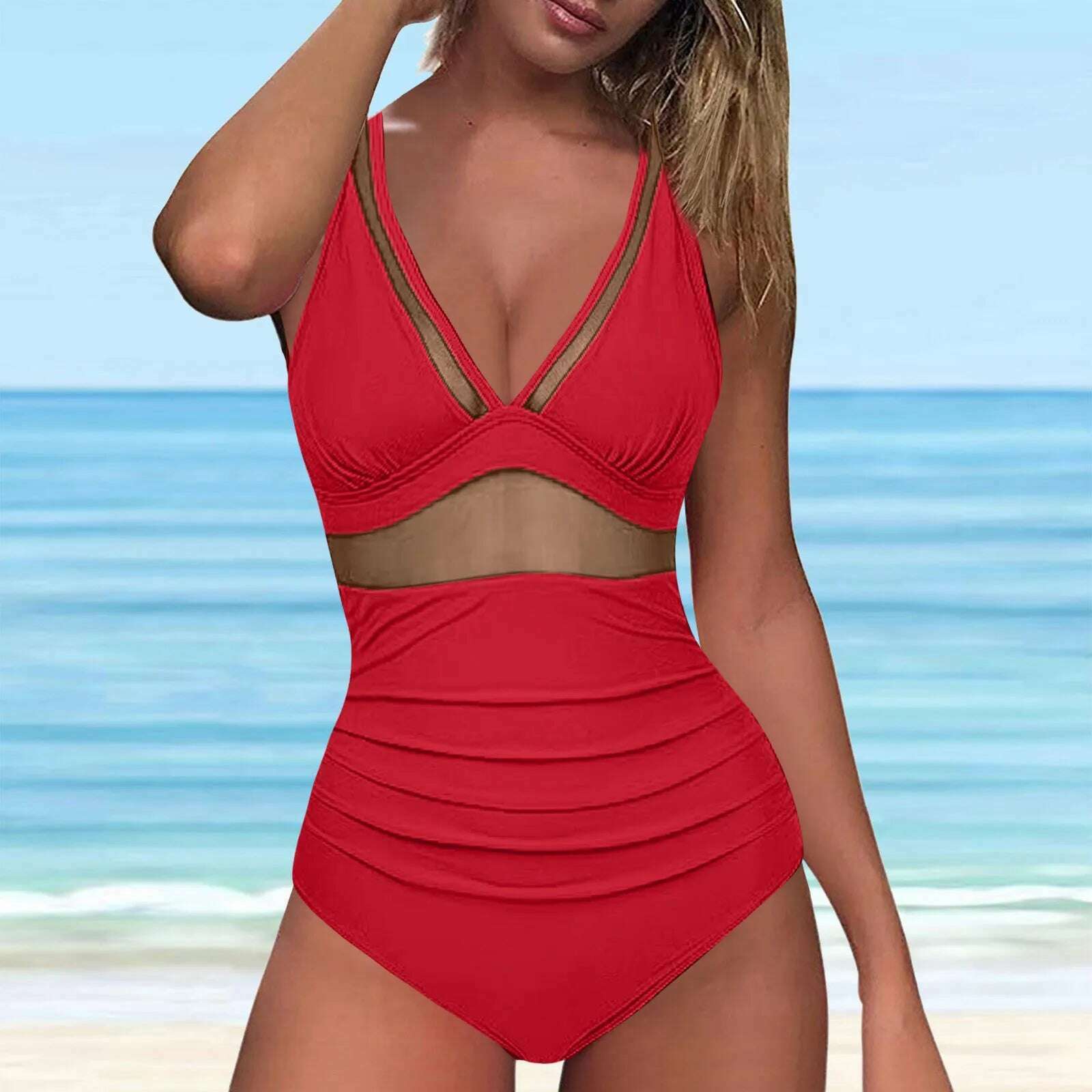 KIMLUD, Ladies Sexy Mesh Tummy Siamese Swimsuits Push Up High Waisted Slimming Fit Bathing Suits Solid Color Swimwears One Pieces, Red / XL / CN, KIMLUD APPAREL - Womens Clothes