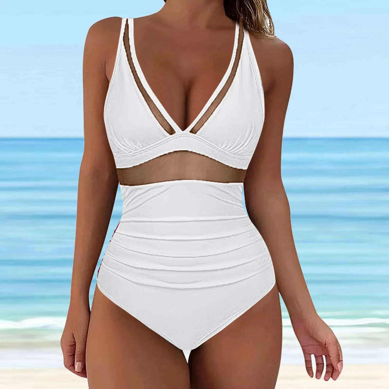 KIMLUD, Ladies Sexy Mesh Tummy Siamese Swimsuits Push Up High Waisted Slimming Fit Bathing Suits Solid Color Swimwears One Pieces, White / XL / United States, KIMLUD APPAREL - Womens Clothes