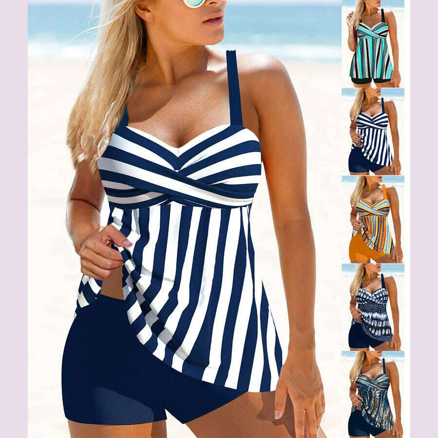 KIMLUD, Ladies Summer New Two Piece Swimsuit Curve Stripe Printed Sexy Off Shoulder Leisure Fashion Resort Beach Swimsuit S-6XL, KIMLUD Womens Clothes