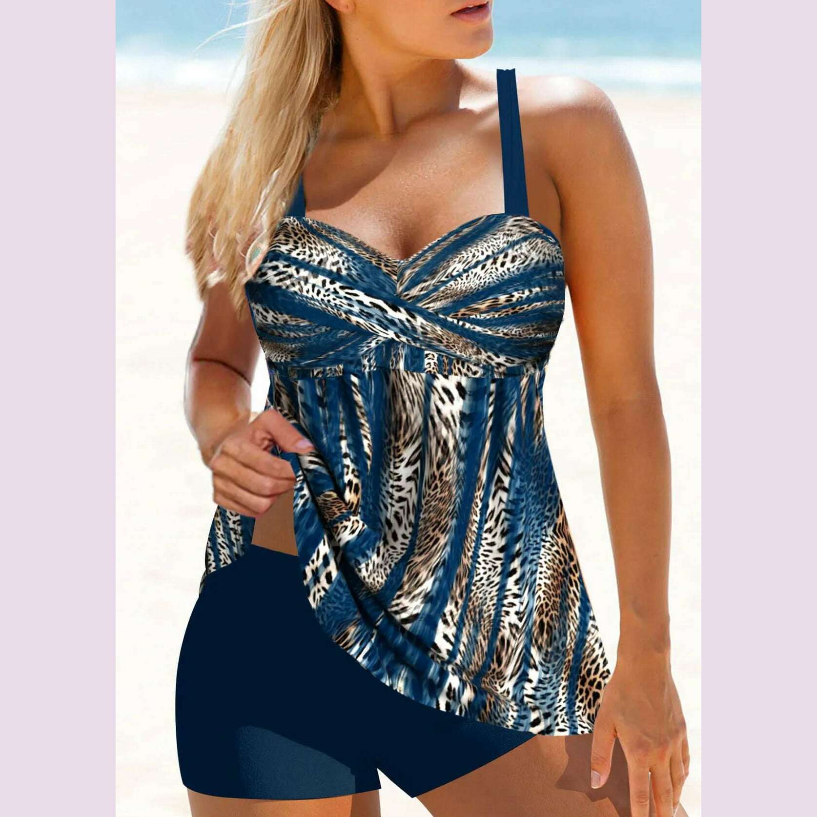 KIMLUD, Ladies Summer New Two Piece Swimsuit Curve Stripe Printed Sexy Off Shoulder Leisure Fashion Resort Beach Swimsuit S-6XL, 9021-navy blue / L, KIMLUD APPAREL - Womens Clothes