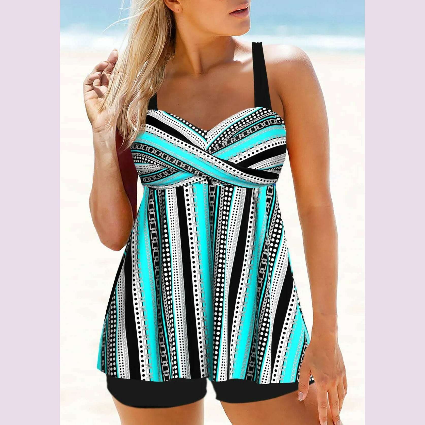 KIMLUD, Ladies Summer New Two Piece Swimsuit Curve Stripe Printed Sexy Off Shoulder Leisure Fashion Resort Beach Swimsuit S-6XL, 9021-cyan / 3XL, KIMLUD APPAREL - Womens Clothes