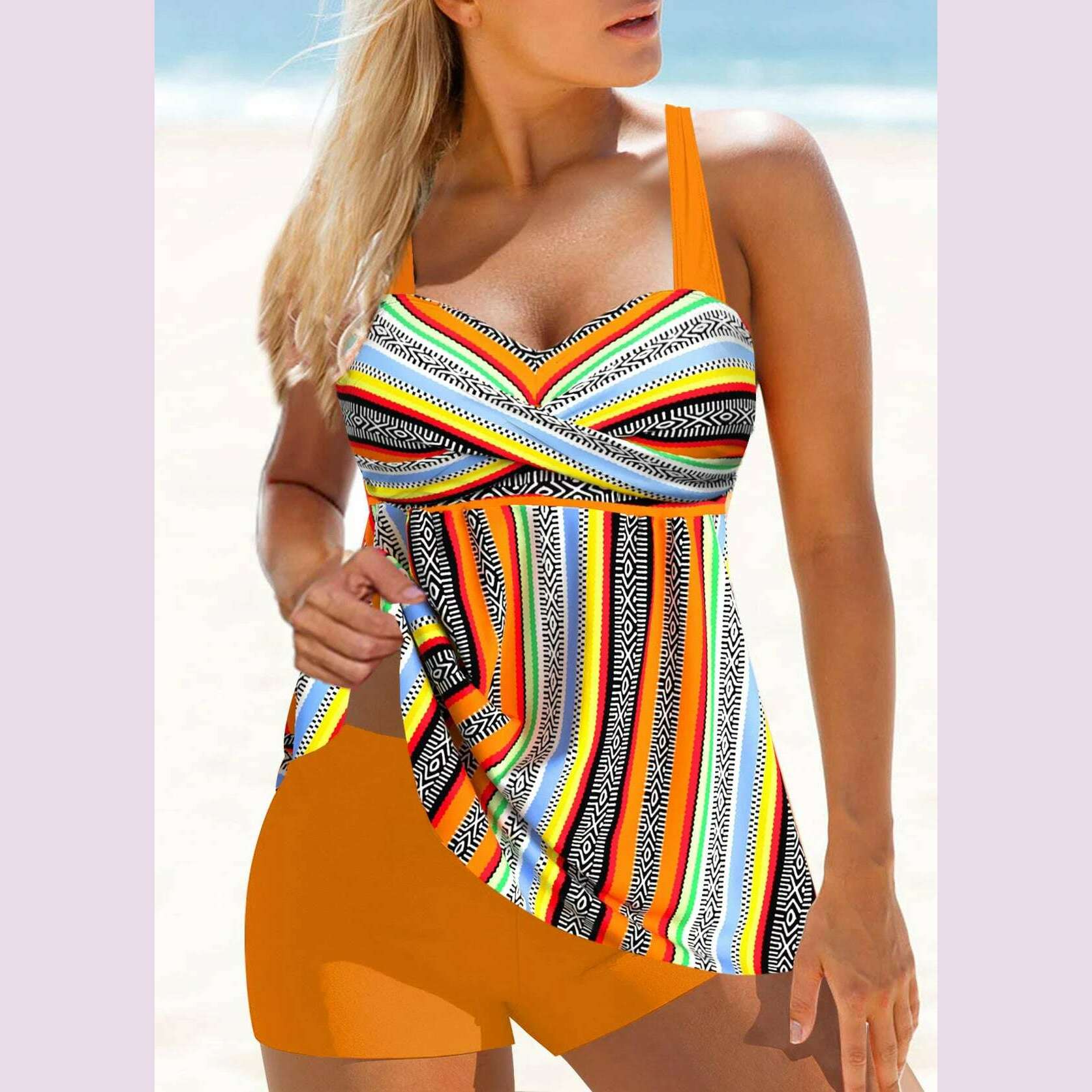KIMLUD, Ladies Summer New Two Piece Swimsuit Curve Stripe Printed Sexy Off Shoulder Leisure Fashion Resort Beach Swimsuit S-6XL, 9021-orange / 2XL, KIMLUD APPAREL - Womens Clothes