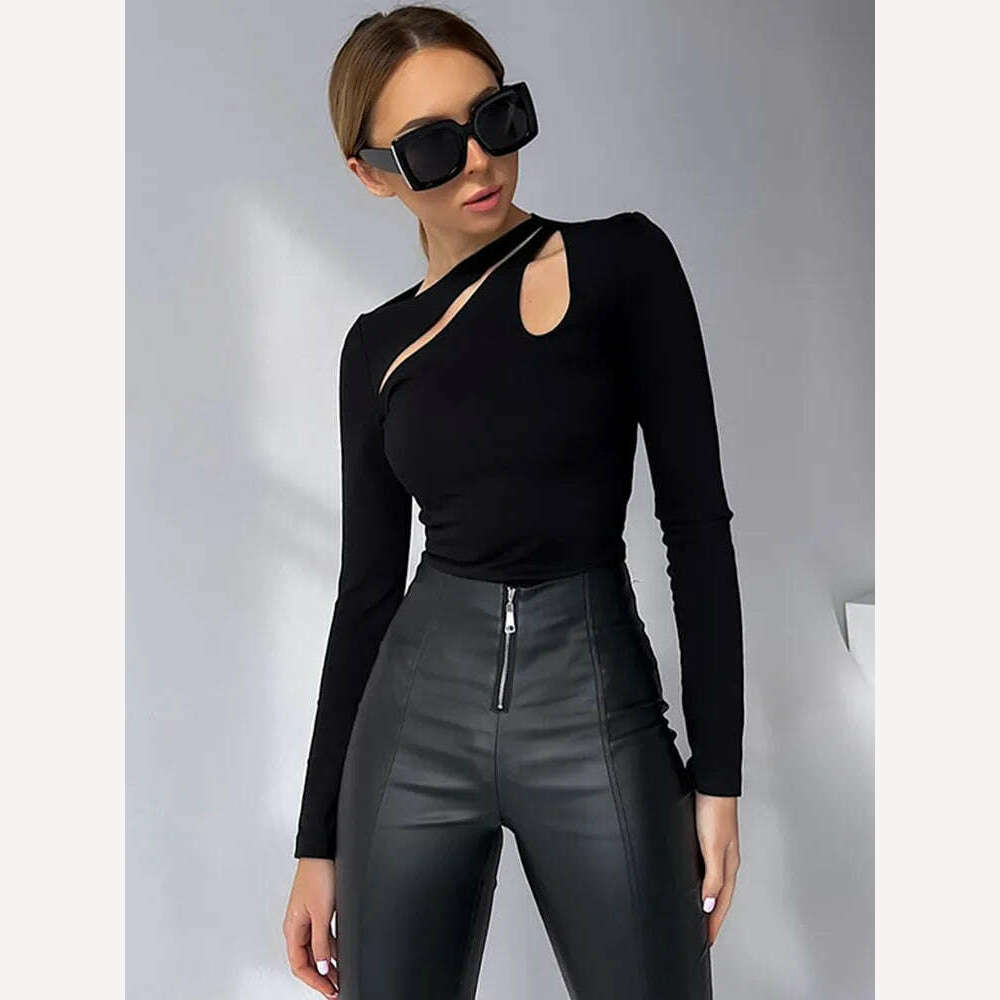 KIMLUD, Lady Black Top Women Long Sleeve Tees Hollow Out T-Shirts Spring Autumn Clothes Casual Basic Bottoming Shirt Streetwear Crop Top, KIMLUD Womens Clothes