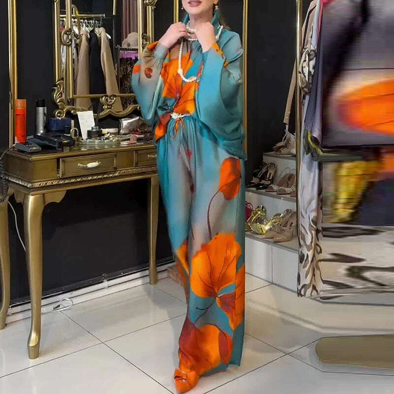 KIMLUD, Lady Commute Two Piece 2025 Spring Summer Floral Print Office Set Women Fashion Button Long Sleeve Blouse Top+Wide Leg Pant Set, KIMLUD Womens Clothes